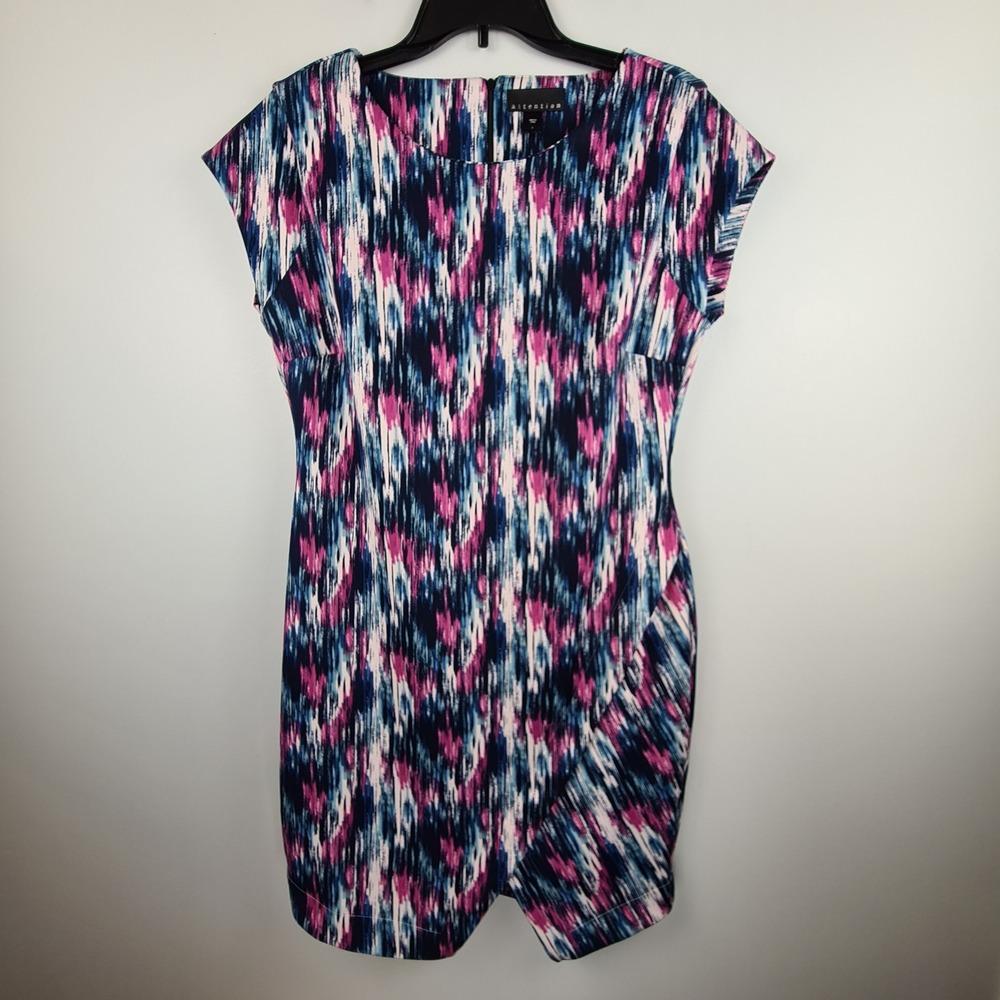 Attention Abstract Ikat Faux Wrap Sheath Dress Colorful Cap Sleeve L Office Work